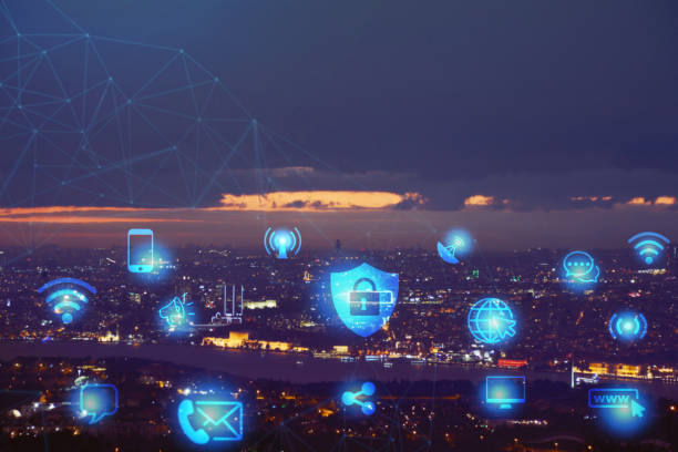 istock Social networking and communication icons with cityscape at night 1466474878