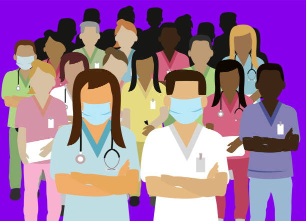 group of medical staff standing up together concept group of medical staff standing up together concept  illustration in rectangular shape public service icon stock illustrations