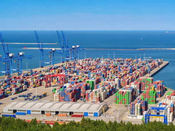 Deepwater Container Terminal in Northern Port, Gdansk, Poland. Aerial landscape.