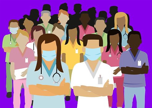 group of medical staff standing up together concept  illustration in rectangular shape