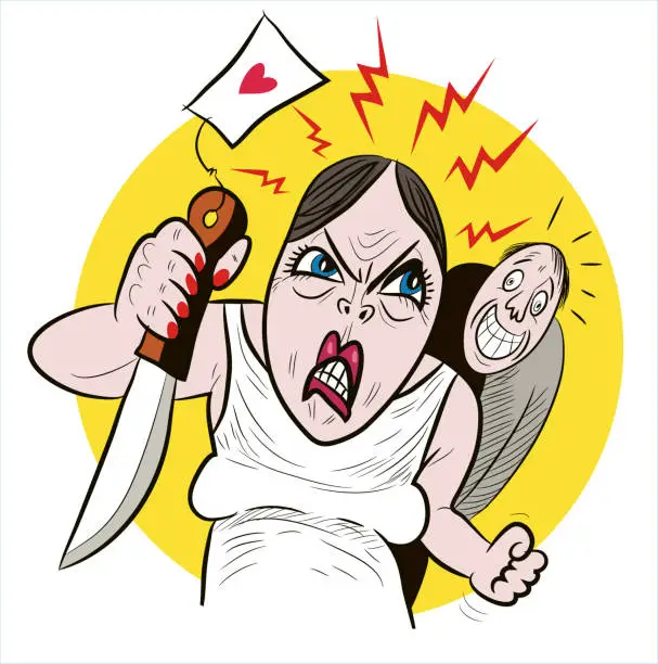 Vector illustration of angry woman holding a knife