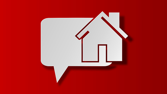 Abstract house white icon shaped as speech bubble on red background. Vector illustration.
