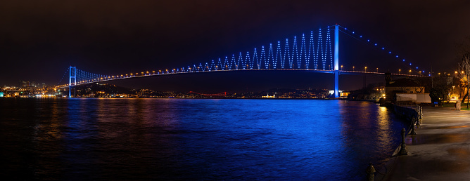 Istanbul, Bosphorus and bridges night view. Panoramic long exposure.