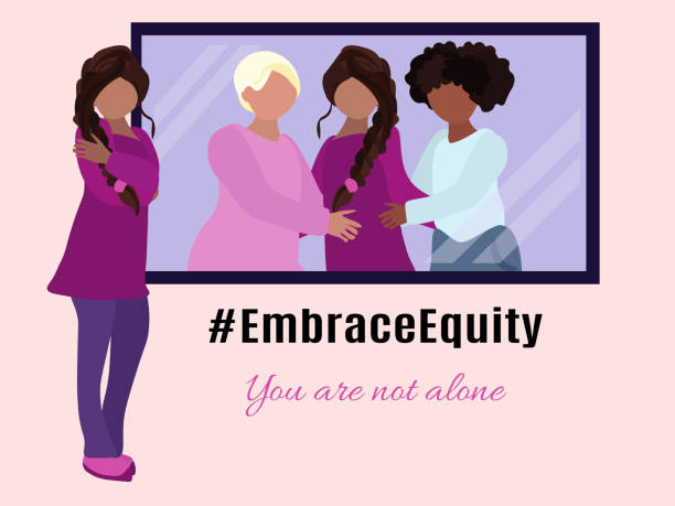 International Women's Day slogan, You are not alone and Embrace Equity, the girl looks in the mirror, the girls virtually hug and support International Women's Day slogan, You are not alone and Embrace Equity, the girl looks in the mirror, the girls virtually hug and support vector illustration you are not alone stock illustrations