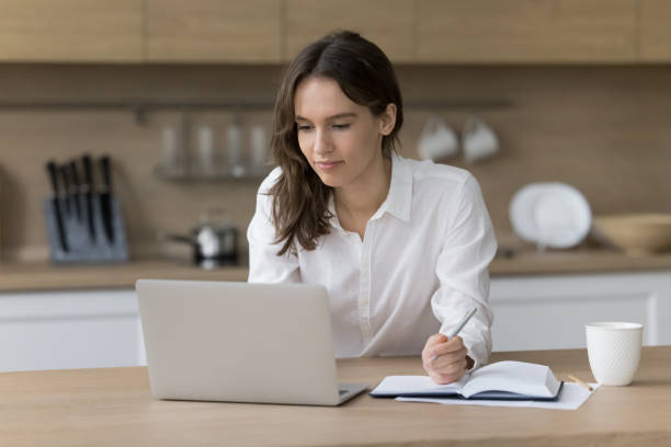 istock Positive female freelance employee working from home 1466487804