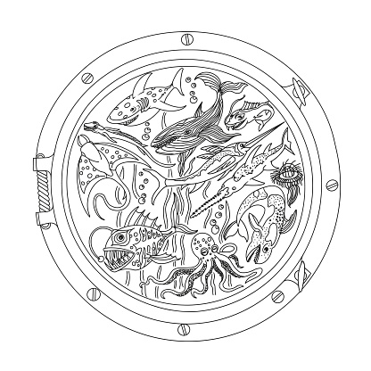 Fish in the Porthole. Underwater Seascape Circular Composition. Underwater World, Fish, Treasures. Vector illustration.