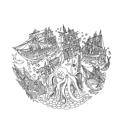 Old sunken ships and octopus. Underwater seascape, circular composition. Underwater World, Fish, Treasures. Vector illustration.