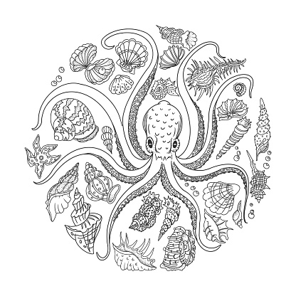 Octopus, Underwater Seascape Circular Composition. Underwater World, Fish, Treasures. Vector illustration.