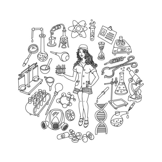 ilustrações de stock, clip art, desenhos animados e ícones de laboratory and research doodle set, circular composition with lab girl in the center - laboratory glassware beaker flask glass