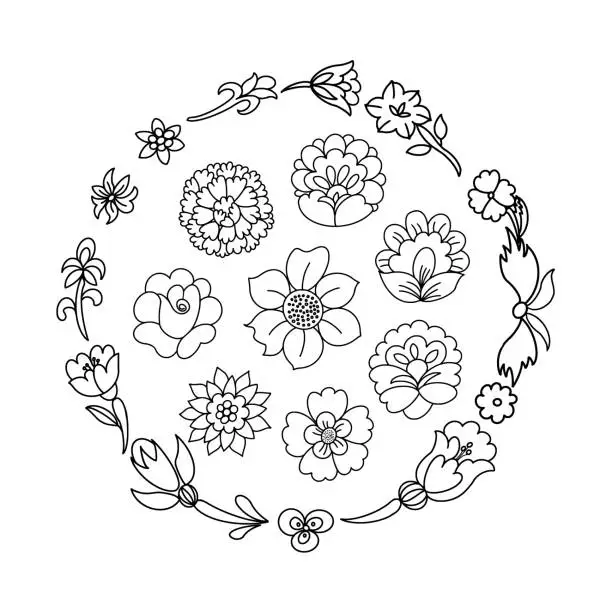 Vector illustration of Spring Flowers Doodles Circle