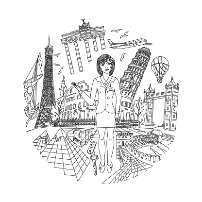Hand-drawn illustrations related to travel and exploration. The doodles are arranged in a circular composition, with a woman guide in the center. The surrounding icons include famous landmarks and attractions from various countries around the world, such as the Eiffel Tower in France, Tower Bridge in England, the Colosseum and Leaning Tower of Pisa in Italy, and the Great Wall of China in China.