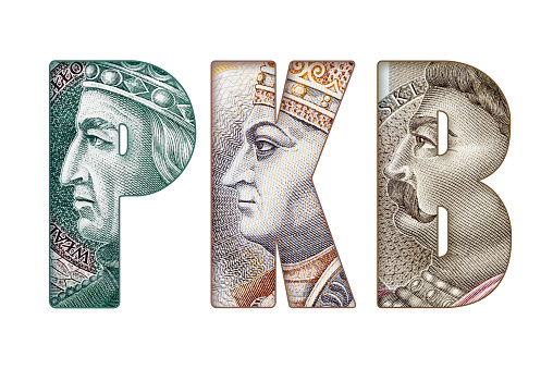 Inscription PKB (Gross Domestic Product) text made of Polish Banknotes isolated on white background.