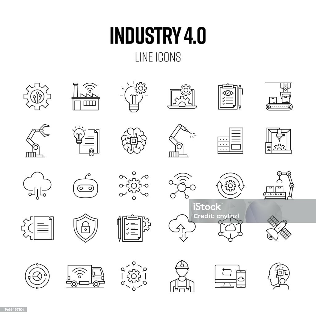 Industry 4.0 Line Icon Set. Automation, Internet, Connection, Database, Machine Learning, Manufacturing. - Royaltyfri Ikon vektorgrafik Industry 4.0 Line Icon Set. Automation, Internet, Connection, Database, Machine Learning, Manufacturing. - Royaltyfri Ikon vektorgrafik