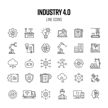 Industry 4.0 Line Icon Set. Automation, Internet, Connection, Database, Machine Learning, Manufacturing.
