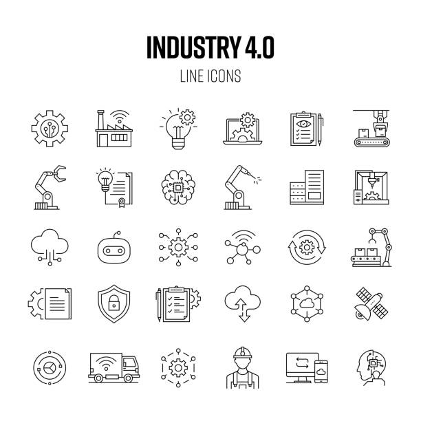 Industry 4.0 Line Icon Set. Automation, Internet, Connection, Database, Machine Learning, Manufacturing. vector art illustration