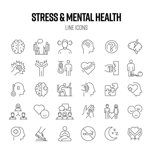 ilustraciones, imágenes clip art, dibujos animados e iconos de stock de conjunto de iconos de línea de estrés y salud mental. ansiedad, exceso de trabajo, depresión, psicología. - emoción