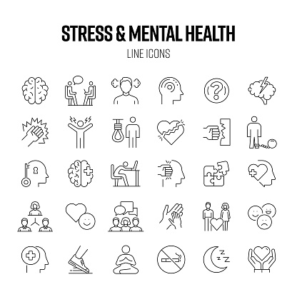 Stress and Mental Health Line Icon Set. Anxiety, Overworked, Depression, Psychology.