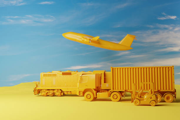istock A forklift truck, a truck, plane and train on a solid background. 1466499793