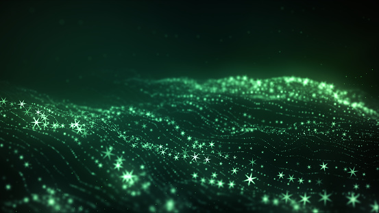 3d Abstract green background technological concept, 6 pointed star particles (Depth of field)