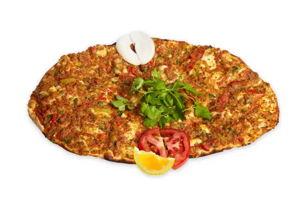 Traditional Turkish food, lahmacun, isolated image.