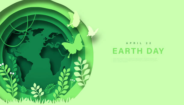 Earth day april 22 paper cut web template Earth day april 22 paper cut web template illustration. Green papercut planet with nature environment inside. Modern 3d cutout design concept of world map, plant leaf and butterfly. paper craft stock illustrations