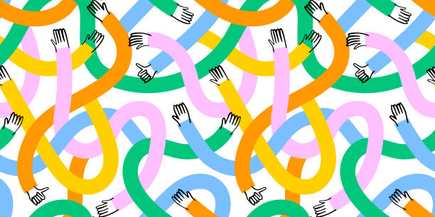 bildbanksillustrationer, clip art samt tecknat material och ikoner med diverse colorful people hands seamless pattern - vänner