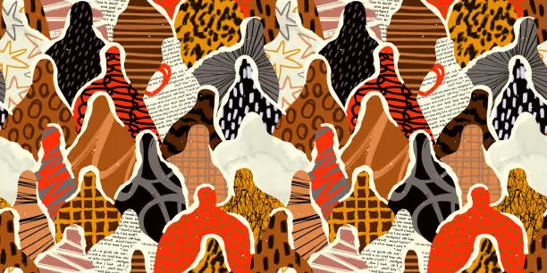 Vector illustration of Diverse black people crowd abstract art seamless pattern