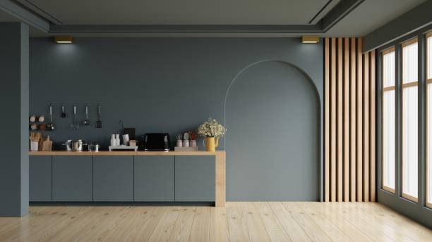 istock Modern dark blue kitchen and minimalist interior design. 1466506339