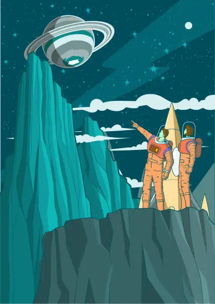 Vector illustration of Vector Astronaut Landed on a New Planet Cartoon Vertical Stock Illustration