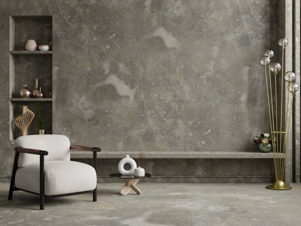 istock Style loft interior with gray armchair on dark cement wall. 1466506344