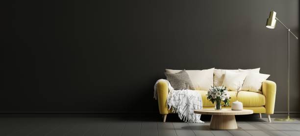 istock Mockup living room interior with yellow sofa on empty dark black wall background. 1466506362