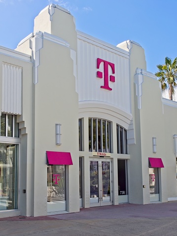 Miami Beach, FL - USA, February 1, 2023. The T-Mobile storefront along Lincoln road mall in Miami Beach, Florida.