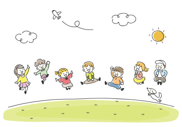 Illustration of children jumping outdoors. Illustration of children jumping outdoors. preschool building stock illustrations