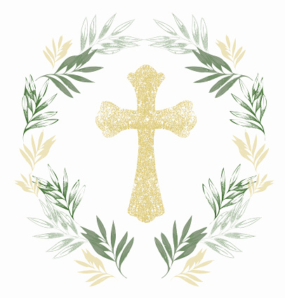 Graphic Easter Cross Clipart, Spring Floral Arrangements, Vintage Baptism Crosses DIY Invitation, Eucaliptus Greenery wedding clipart, Retro style Golden frame and foliage, Holy Spirit, Religious
