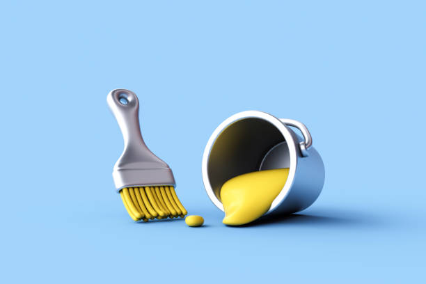 istock 3d rendering of Paint can and brush on blue background. 1466513053