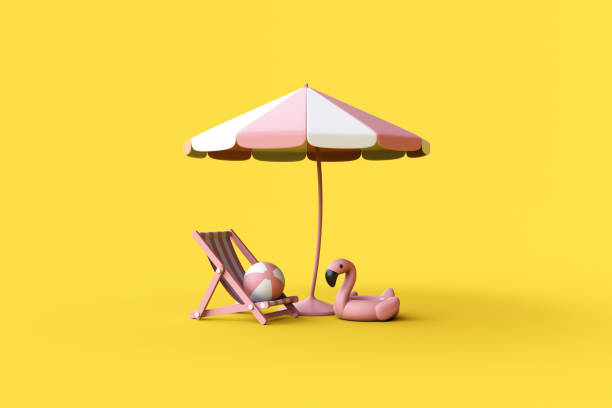 istock Summer Concept, beach umbrella, striped beach chairs. 1466513065