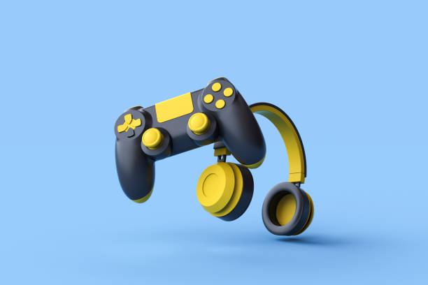istock Flying gamepad and headphone on blue background. Creative Minimal Gaming concept. 3D rendering. 1466513087