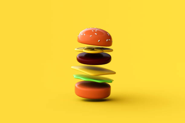 黄色の背景に分解されたハンバーガーの3Dレンダリング。