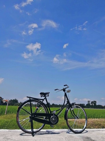 Park the bicycle on the side of the road near the rice fields, take a moment to enjoy the surrounding scenery, then cycle again, Solo, Indonesia