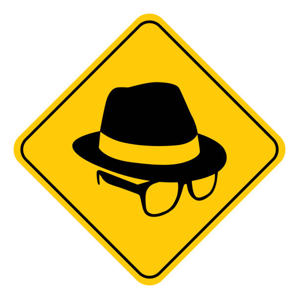 Hat And Eyeglasses Road Sign Vector illustration of a black and gold colored incognito hat and eyeglasses road sign. neighborhood crime watch stock illustrations