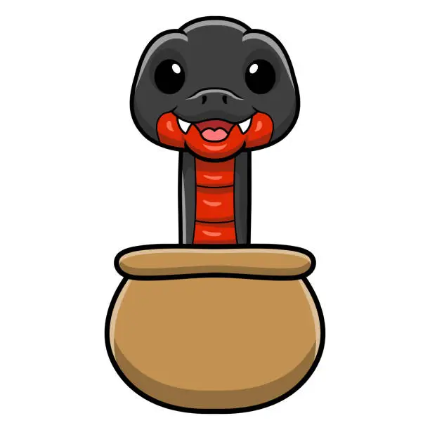 Vector illustration of Cute red bellied black snake cartoon inside the sack