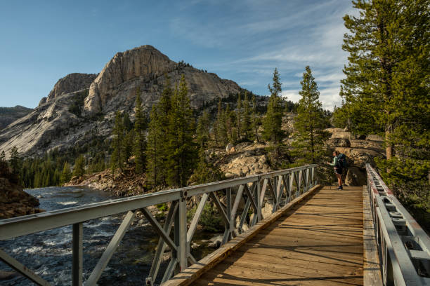 Woman Stops at end of Bridge toward Glen Aulin Woman Stops at end of Bridge toward Glen Aulin Campground in Yosemite pacific crest trail stock pictures, royalty-free photos & images