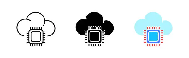 Vector illustration of Processor set icon. Electronics, cyberspace, neural networks, cloud, storage, CPU, chipping, artificial intelligence. Technology concept. Vector icon in line, black and color style on white background