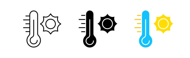 Thermometer with sun line icon. Temperature, forecast, weather, warning, thunderstorm, sun, warning, increase, decrease. Vector icon in line, black and color style on white background Thermometer with sun line icon. Temperature, forecast, weather, warning, thunderstorm, sun, warning, increase, decrease. Vector icon in line, black and color style on white background temp gauge stock illustrations