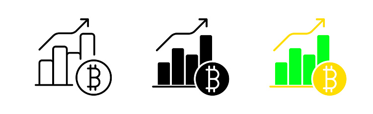 Bitcoin Stonks line icon. Up arrow chart, income, profit, analytics. Data analysis concept. Vector icon in line, black and color style on white background