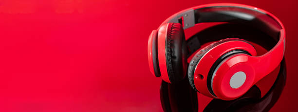 istock Red reflection headphones. Cover concept for a music website. Copy space. 1466533283