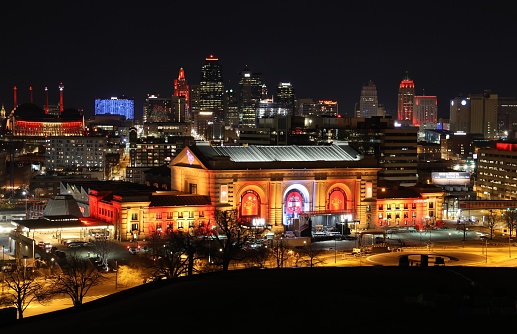 Union Station, Kansas City, Mo. 2/13/2023.  A tighter view of Kansas City and Union Station in downtown KC, home to the Chiefs Super Bowl Victory Rally.