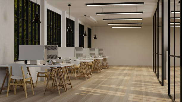 istock Modern contemporary office interior design with a row of computer desk, PC computer mockup 1466533819
