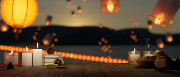 istock Mockup space on tabletop with decor over blurred background of beautiful lanterns in the night sky. 1466533837