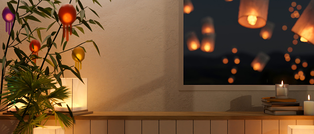 Mockup space for product display on minimal wood tabletop against white wall with beautiful lanterns in the night sky through the window. 3d render, 3d illustration